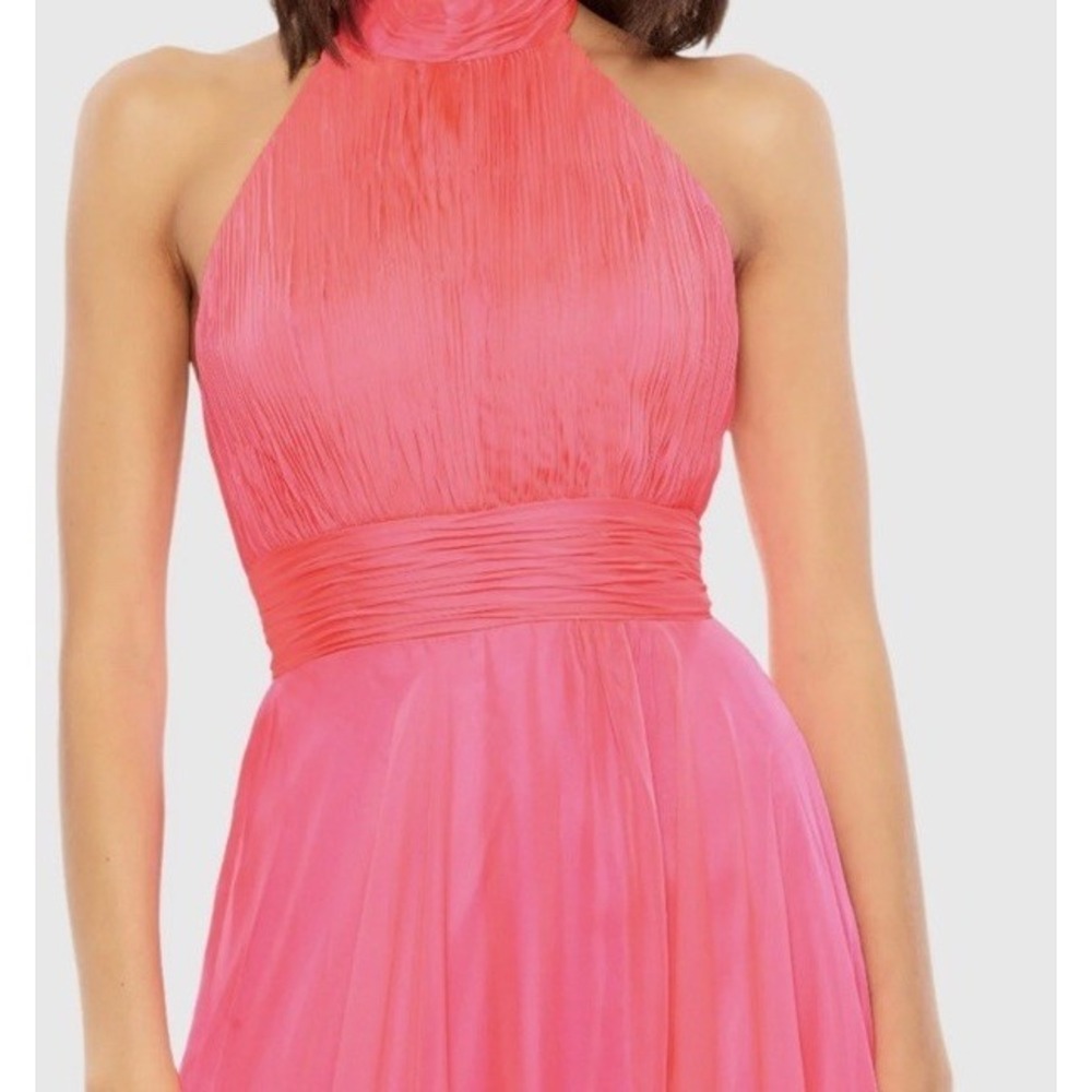 Mac Duggal Hot Pink High Neck Tiered Chiffon Halter Side Slit Gown Size 2 $258 - Picture 2 of 16